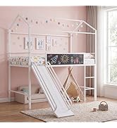 Giantex Twin Size House Loft Bed, Low Loft Bedframe w/Roof, Slide, Ladder, Chalkboard & Sturdy Me...