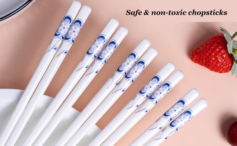 10 Pairs Ceramic Chopsticks With Blue Flower Pattern, 9.72 inch Chinese Bone Porcelain Chopsticks