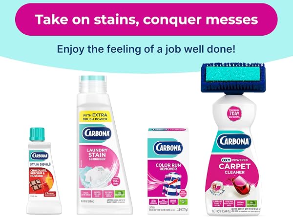 Carbona laundry care products for removing stains, dye transfer, and laundry mishaps