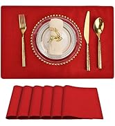 SLKQG Red Linen Fabric Placemats Set of 6, Heat Resistant & Machine Washable Double-Layered Cloth...