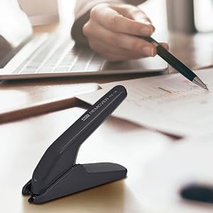 Heavy-duty staple remover easily extricates staples from 100 sheets of paper.