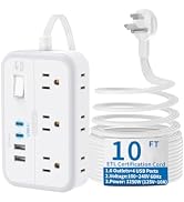 10 ft Flat Extension Cord, Flat Plug Surge Protector Power Strip with 6 Outlets 4 USB Ports, Wall...