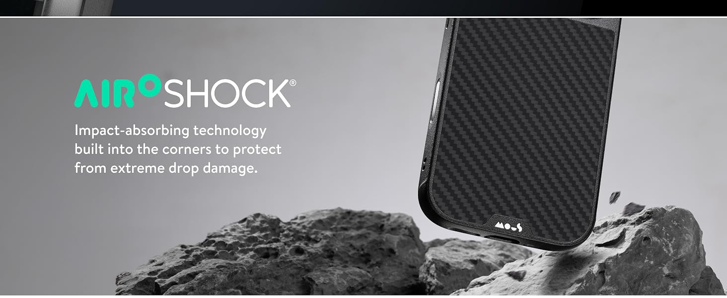 Text reads 'AIROSHOCK'. Dark promotional image showing protective corners of what appears to be a device case against a rocky mountain background.
