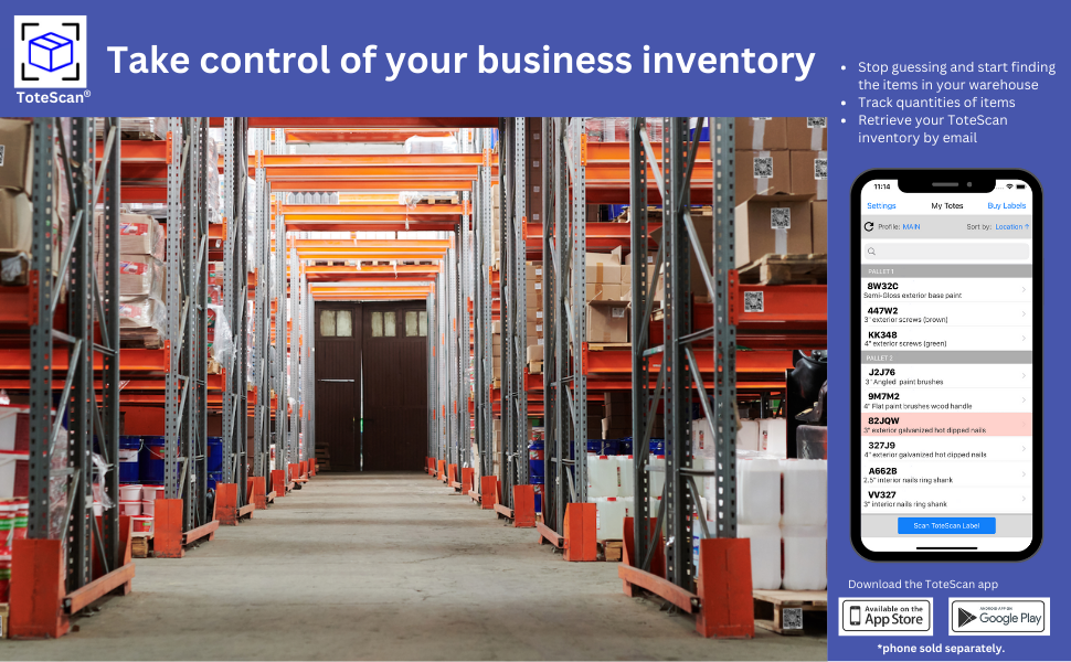 ToteScan for your small business inventory. quantities, inventory, pallets, storage