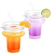 Zukro 16oz Stemless Borosilicate Margarita Glasses with Straw, Set of 2 | 360° Sippable Tritan Li...