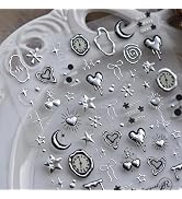 NBNTGH Silver Nail Art Stickers Heart Star Nail Decals with Metal Design 5D Embossed Self Adhesiv...
