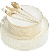 DaYammi 150Pcs Ivory Plastic Plates with Gold Rim,Disposable Plastic Plates Include 30 Dinner Pla...