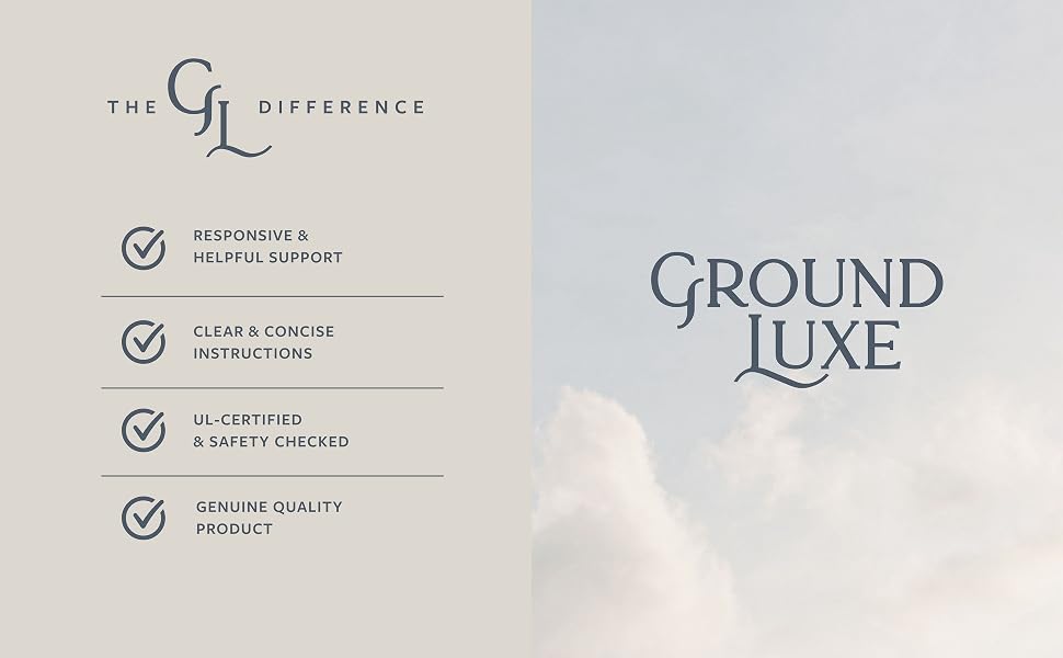 GroundLuxe logo against a clouds background. UL- certified for safety. Genuine quality product.