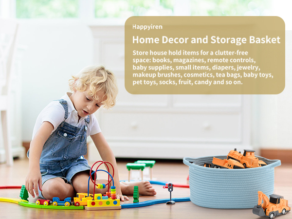 Cotton rope storage basket for organizing toys, books, and baby supplies in a tidy space