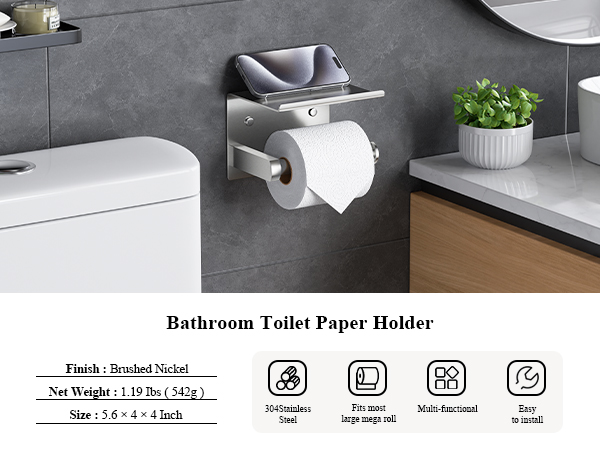 Brushed Nickel Toilet Paper Holder with Shelf