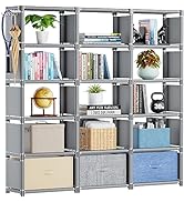 Mavivegue Bookshelf, 15 Cube Storage Organizer, Bookcase Shelf for Bedroom, Home Office-Grey