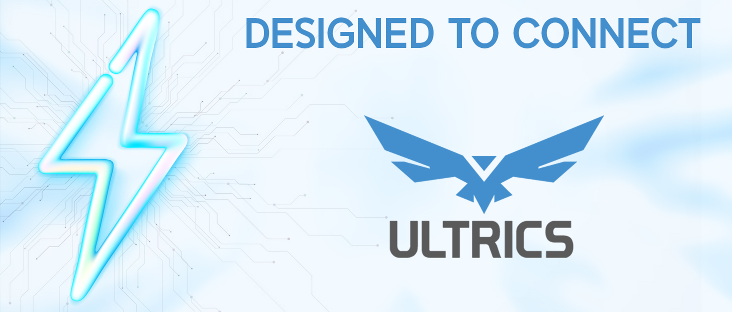 Text reads 'DESIGNED TO CONNECT' with 'ULTRICS' brand name. Three icons showing jewelry-related symbols arranged horizontally on light blue background.