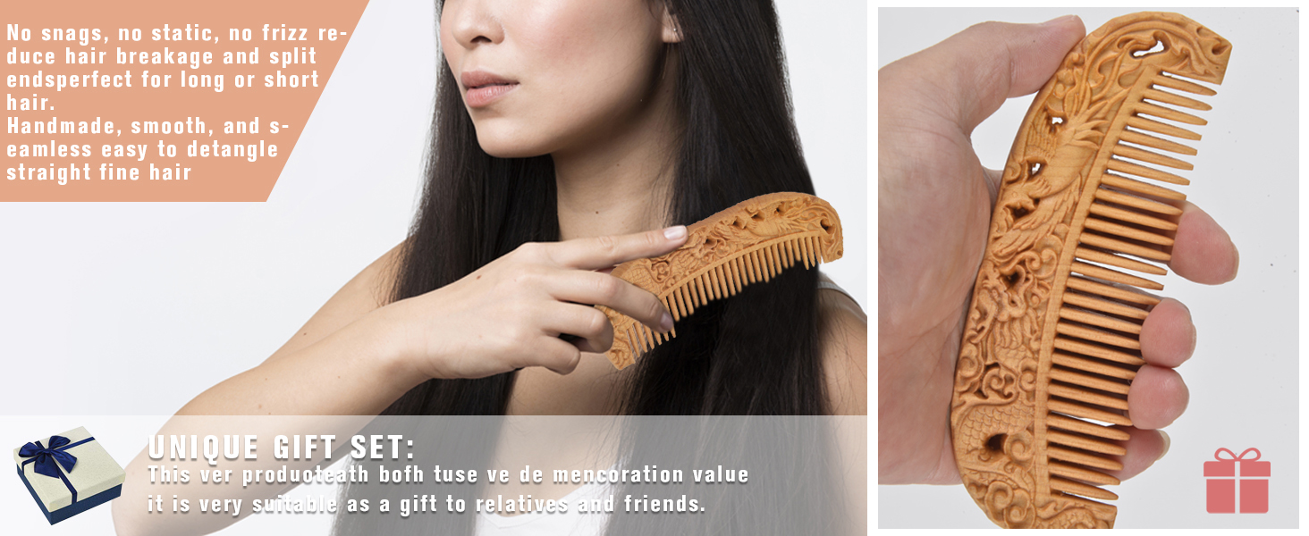 Wooden Hair Comb Portable Anti Static Engraving Animals Women Comb (Dragon & Phoenix)