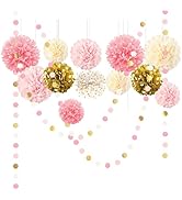 AOBKIAT Wedding Baby Shower Decorations Set,15PCS Pink Gold Tissue Paper Pom Poms,Circle Dots Col...