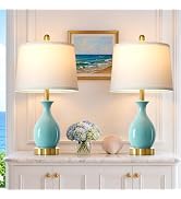 luxeflow 24" Aqua Blue Ceramic Table Lamps Set of 2, Modern Classic Bedside Lamps for Bedroom Nig...