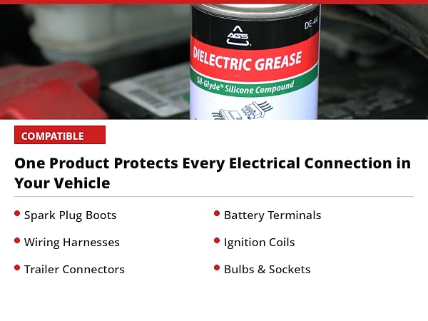 AGS Dielectric Grease open on car battery with six application use cases listed