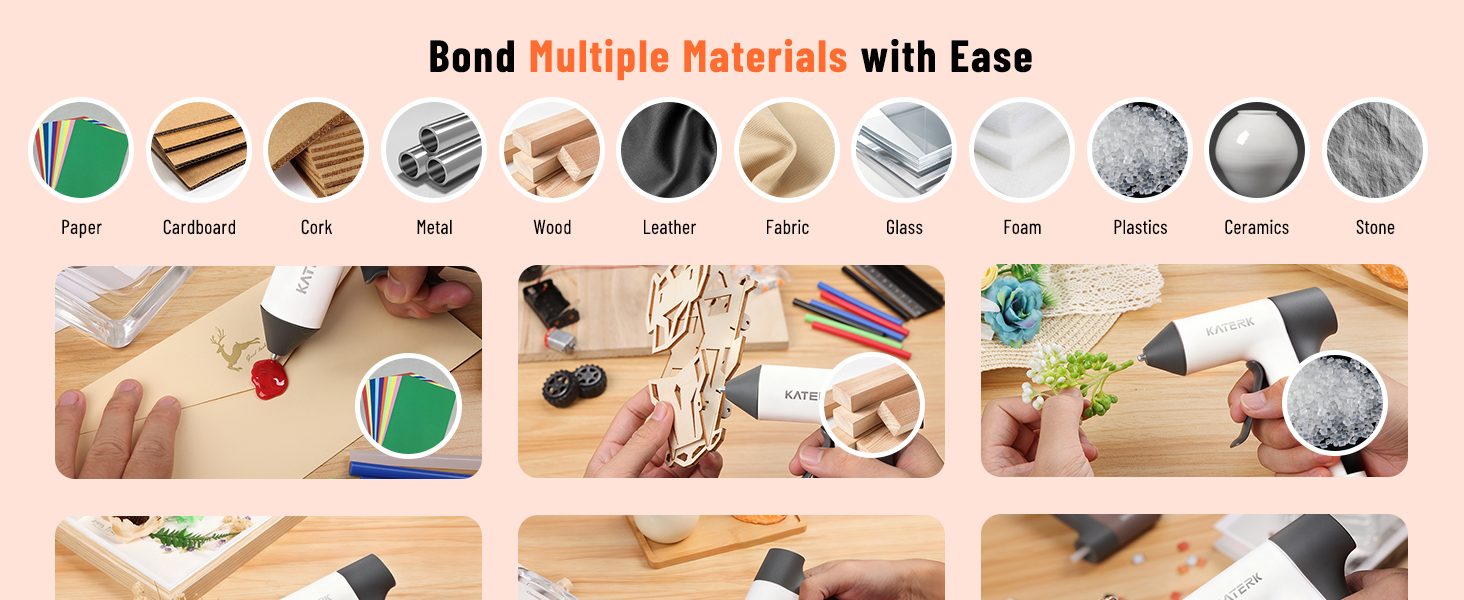 Capable of bonding 12+ materials (paper, metal,wood), with examples of different crafting scenarios.