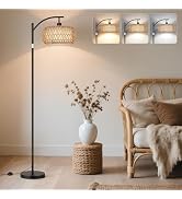 ROTTOGOON Rattan Floor Lamps for Living Room, Boho Standing Lamps with Rattan& Linen Double Shade...