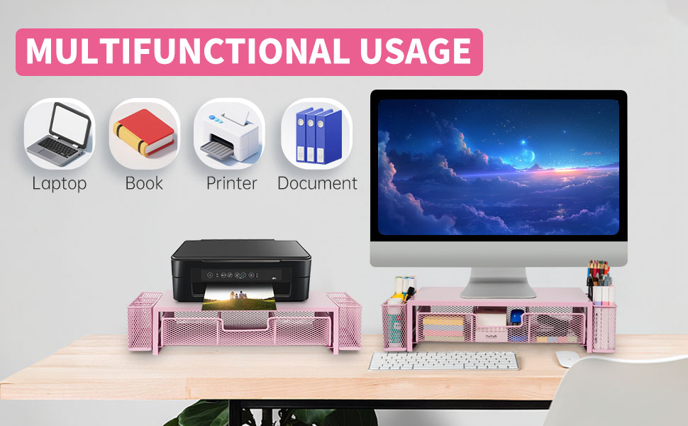 Computer Monitor Stand Riser with Drawer and Pen Holders, Desk Organizer Shelf