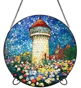 Suncatcher Stained Glass Window Hanging - Colorful Flowers Lighthouse Colored Glass Panel Round S...