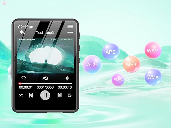 Portable music player with touchscreen displaying album art and playback controls. Surrounding bubbles show supported audio formats: MP3, WAV, WMA, APE, ACC, FLAC.