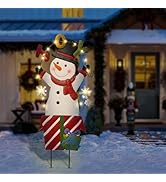 Solar Christmas Lights Outdoor Garden Stakes, 29in Metal Snowman Yard Signs with LED String Light...