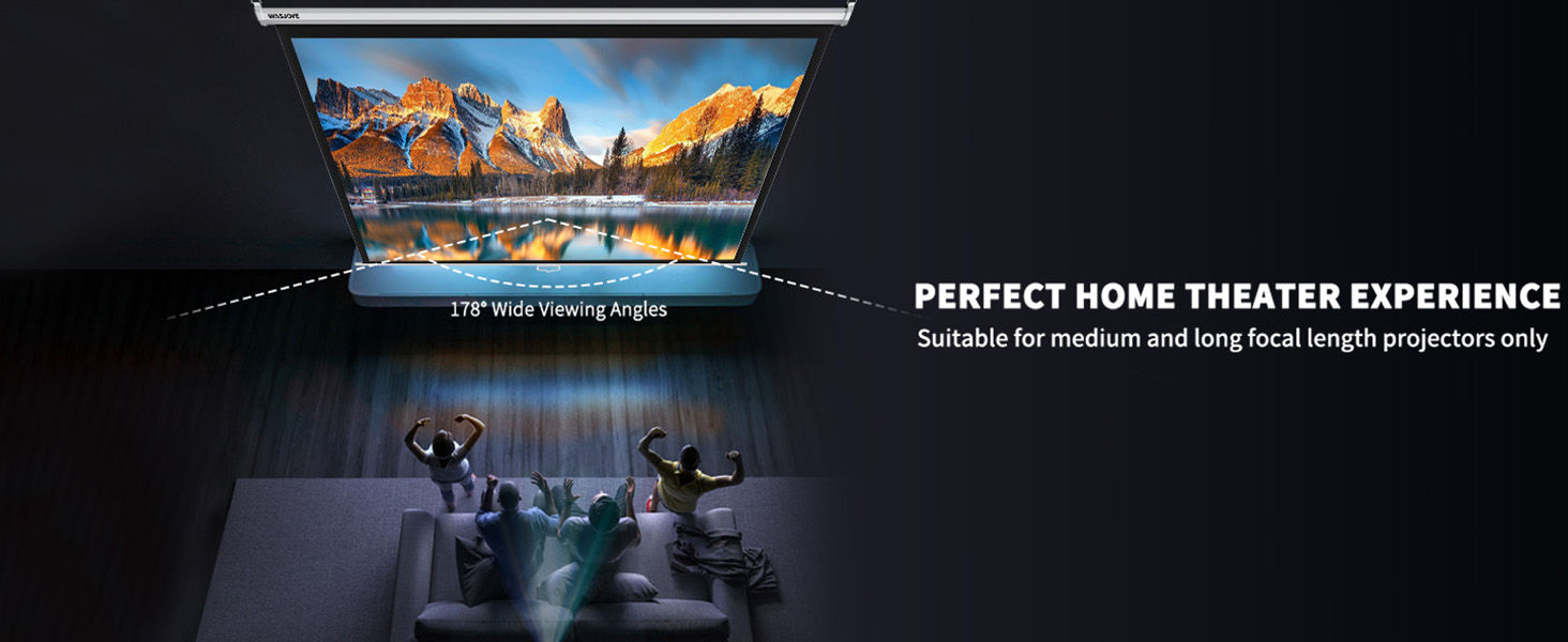 Projector screen displaying mountain landscape with lake reflection. Below, silhouettes of people seated in a dark room, creating a home theater setup.