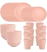LIYH 48pcs Pink Wheat Straw Dinnerware Set,Plates and Bowls Set,Camping Dish Set for 12,Plastic D...