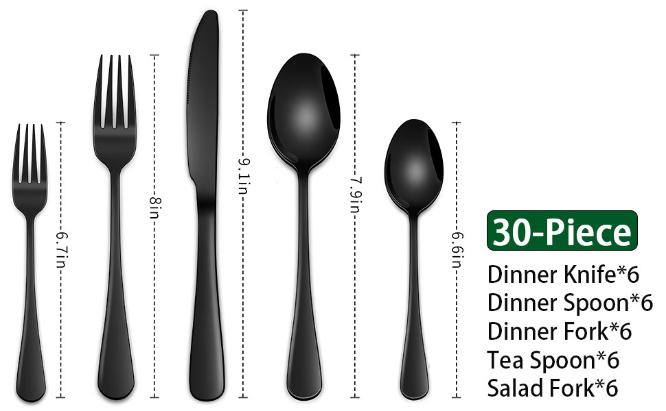 30 Pieces of Black Silverware Sets Service For 6 Person