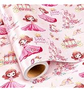 Burymento Princess Wrapping Paper Roll - 17in x 16.4ft, Pink Wrapping Paper with Princess, Unicor...