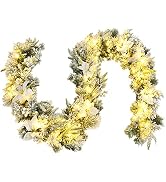 Goplus 9ft Snow Flocked Christmas Garland with 50 LED Lights, Pre-Lit Battery Operated Artificial...