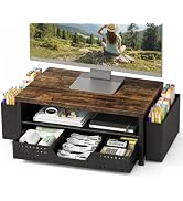 LEKETREE Wood Desk Organizer, 2-Tier Computer Monitor Stand Riser with Storage Drawer and 2 Pen H...
