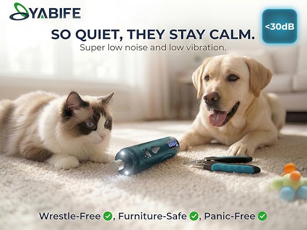 Cat and dog relaxing beside YABIFE quiet nail grinder and clipper kit with under 30dB callout