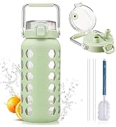 MUKOKO 64oz glass water bottles with Straw and Lid,half gallon water bottle with Time Marker,Larg...