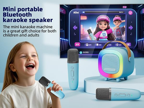 Mini Karaoke Machine Speaker for Kids Adults, Portable Bluetooth with 2 Wireless Microphones