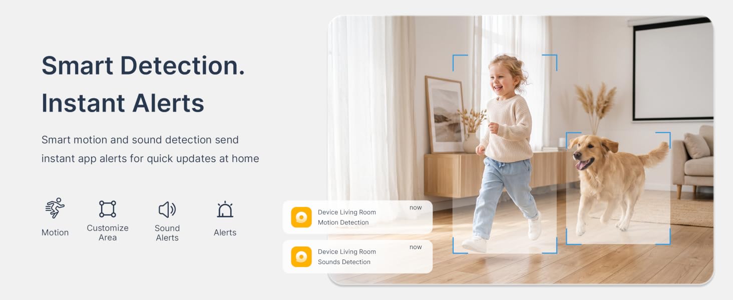 Child and dog in a living room with motion and sound alerts