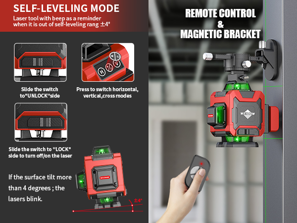 Rotation, remote control, 360° laser, automatic leveling