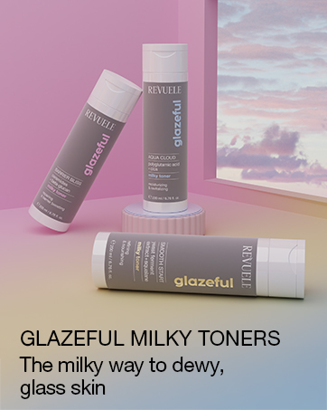 Purple background showing three Revuele milky toners