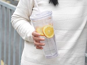 32 oz clear tumbler, double wall insulated tumblers, reusable plastic tumbler with lid and straw