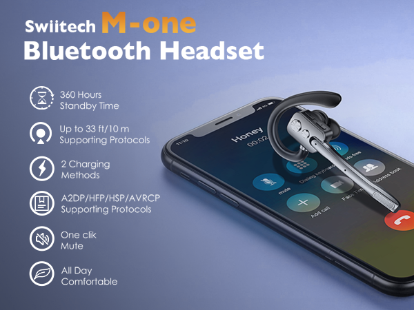 Text reads 'Swiitech M-One Bluetooth Headset', '360 Hours Battery Life', 'Up to 33 ft/10m Clear Connection', '2.5 Charging Time', 'Auto Ambient Awareness Recording Features', 'Type C to 5A', 'All Day Comfortable'. Bluetooth headset displayed on smartphone with feature icons and specifications listed.
