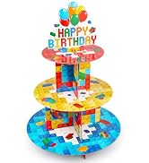 Eaezerav Building Block Cupcake Stand 3 Tier Birthday Party Supplies for Kids Adults, Colorful Bl...