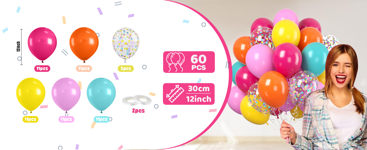 Colorful balloon set display with pricing information. Various balloon colors and styles shown, including confetti-filled options.