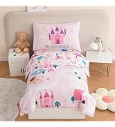 PERFEMET 4 Pieces Girls Toddler Bedding Set Pink Castle Fairy Tales Toddler Comforter Set Reversi...