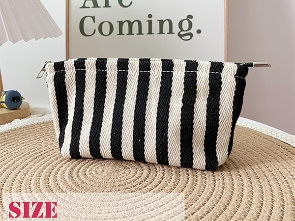 vintage black white stripe medium makeup bag, striped woven thick fabric, canvas lined, small pouch