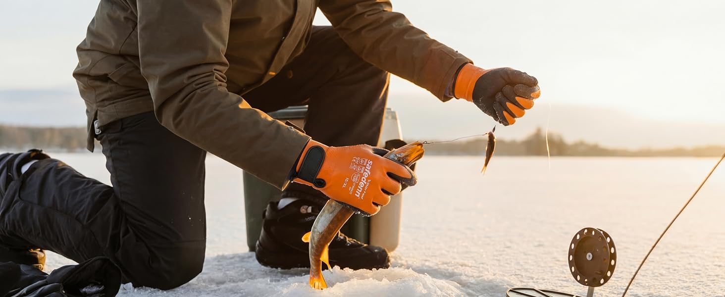 Fisherman holding a rod while ice fishing wearing Safedenn waterproof thermal gloves.