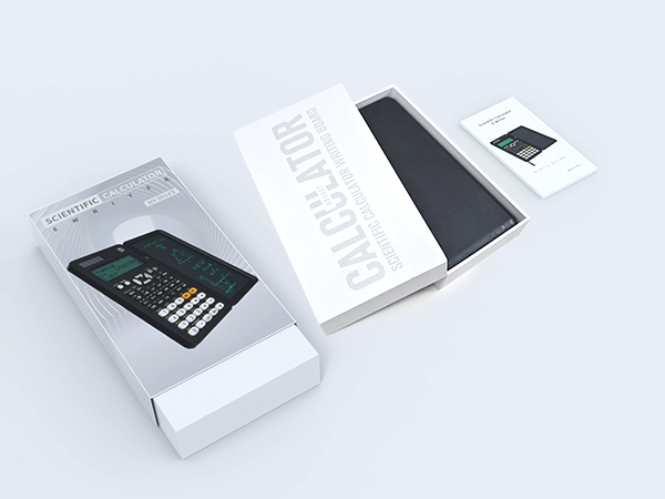 White retail product packaging boxes with minimalist design, showing electronic device packaging with black accents.
