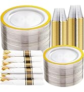 I00000 350 Pcs Clear and Gold Plastic Plates, Gold Disposable Plates, Include 50 Dinner Plates 10...