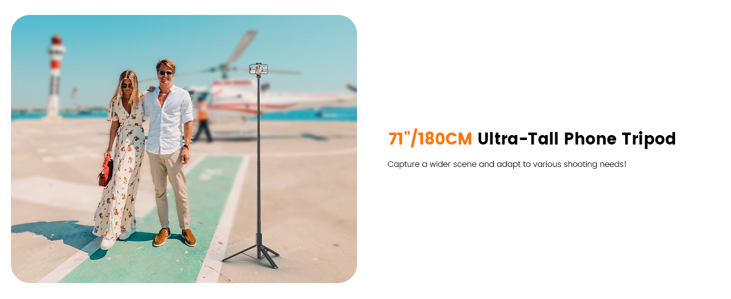 Extendable phone tripod stand with maximum height of 71 inches or 180 centimeters. Black metal construction with adjustable legs and smartphone holder visible.