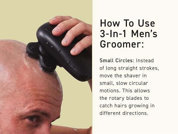 Man using 3-in-1 Groomer on bald head showing step 1 in how to use