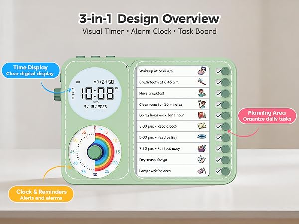 3 in 1 Visual Timer ADHD Tool Kids Adults Task Schedule Chore Planning Board Home green